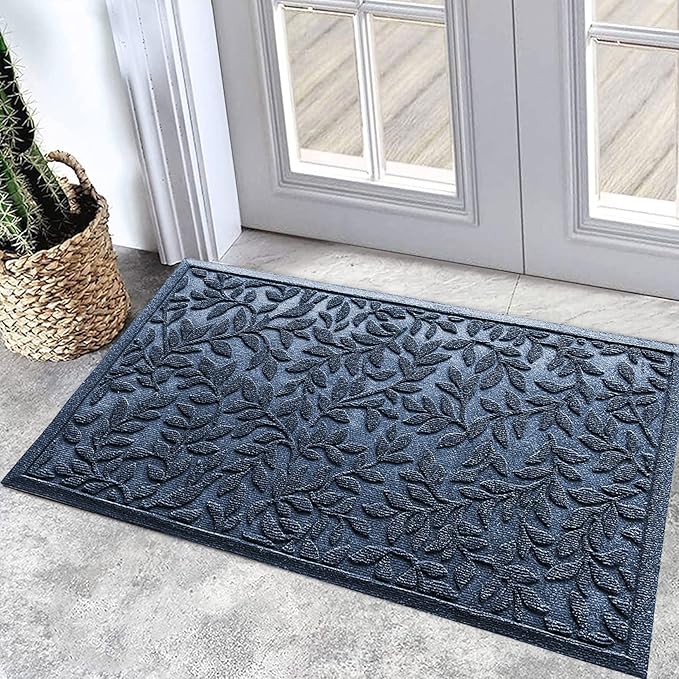 Bulijojo Sturdy Front Entrance Doormats,Durable Heavy Duty Welcome Mat,Thick Absorbent Natural Rubber Non Slip Mat,Easy Clean Entryway Mat Leaves Blue 23"x35"