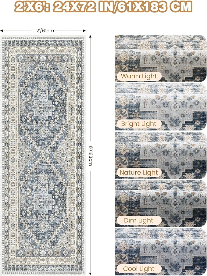 Runner Rug 2x6, Ultra-Thin Entryway Rug Non Slip Washable Rugs for Laundry Room, Runners for Hallways, Vintage Soft Rugs for Living Room, Kitchen, Bedroom(Blue/Beige,2'x6')