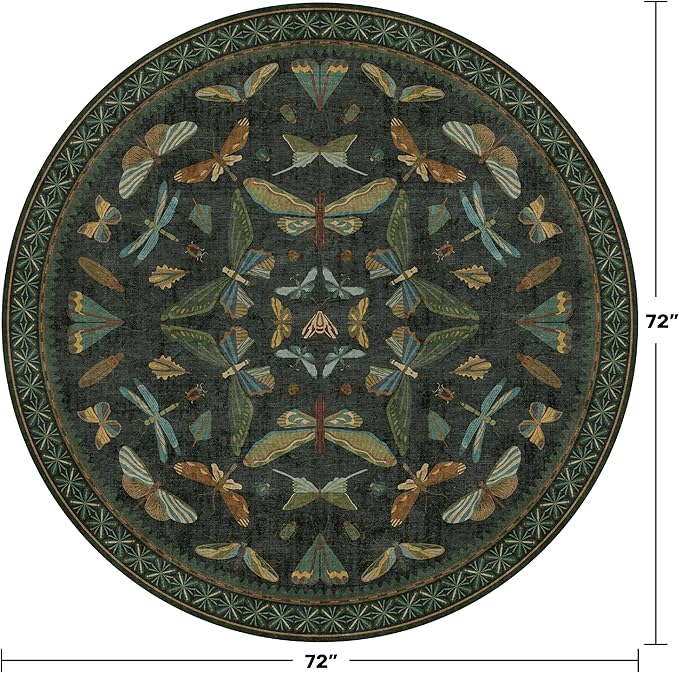 Dark Green Insect 6ft Round Washable Area Rug for Living Room - Non Skid Low Pile & Soft Carpet for Bedroom Beside Bed, Forest Butterfly Design Stain Resistant Home Décor