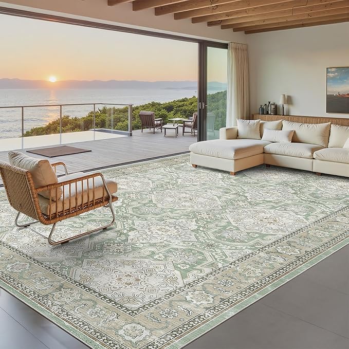 8x10 Area Rugs, Washable Rugs, Large Stain Resistant Area Rug for Living Room Bedroom Dining Room, Vintage Farmhouse Rug Green
