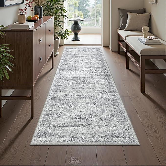Washable Runner Rugs for Bedroom - 2x6 Runner Rug Non Slip, Ultra-Thin Entryway Runner, Soft Abstract Kitchen Runner for Hallway, Laundry, Bathroom, Indoor Door Mat(2'x6', Grey/Ivory)