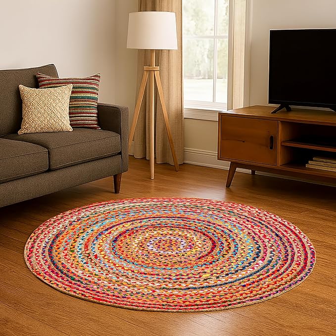 Hausattire Bohemian Braided Rug 4' Round - Multi Color, Circle Farmhouse Jute Cotton Area Rag Rug for Kitchen, Kids Bedroom, Playroom | Colorful Hand Woven Reversible Pet Friendly Carpet