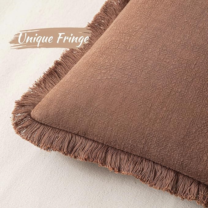MIULEE Decorative Throw Pillow Covers Neutral Linen Fringe Throw Pillows Set of 2 Brick Boho Farmhouse Cushion Covers with Tassels for Couch Sofa Bed Living Room Spring Home Decor 18x18 Inch