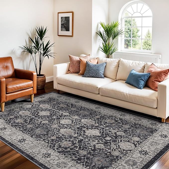 4x6 Living Room Area Rugs: Washable Non-Slip Boho Decorative Rugs for Bedroom Nursery Low Pile Neutral Small Carpet for Kitchen Dining Room Non-Shedding Floor Mat for Kids Room Office (4x6，Black)