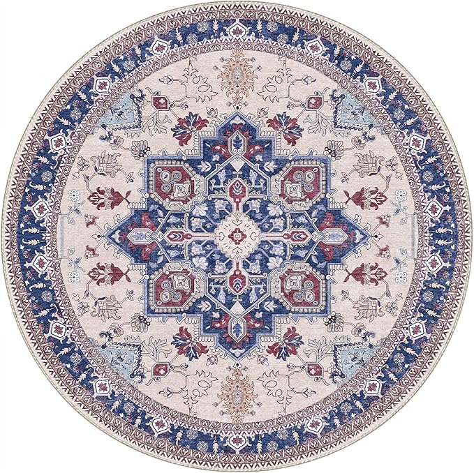 OPPODREAM Soft Round Rug 5ft, Washable Circle Rug 5ft with Non Slip Backing Play Room, Low-Pile Carpet 5 ft, Faux Cashmere Throw Carpet, Navy Blue & Red & Cream