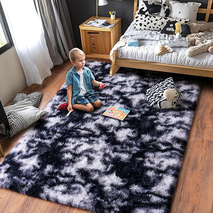 Black and White Rug for Living Room, 6x9 Area Rug for Bedroom, Bedside Indoor Floor Fluffy Shag Carpet, Plush Soft Rug for Boys Girls Kids Room Nursery Dorm Home Decor