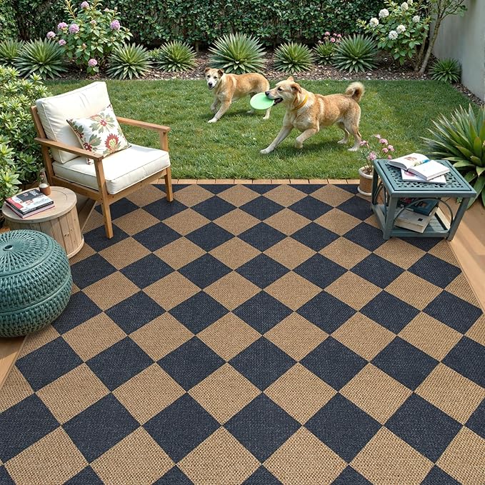 Lahome Colette Checkered Easy Jute Washable Rug, 5x7 Area Rugs for Living Room Nature Large Dining Room Carpet, Farmhouse Geometric Non Slip Indoor Outdoor Carpet for Office Bedroom Backyard Patio