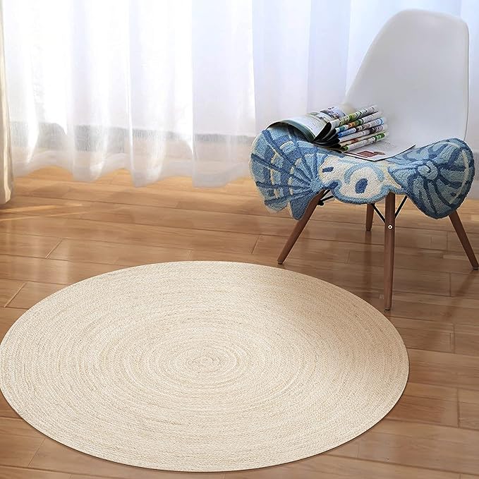 Hausattire Hand Woven Jute Braided Rug, 3’ Round – Off White, Reversible Boho Entry Area Rugs for Kitchen, Living Room I Farmhouse Decorative Floor Rug, 3 Feet Round