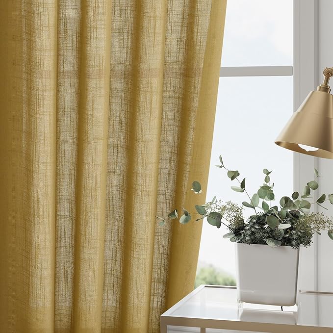 Nanspring Gold Linen Curtains 108 Inches Long for Living Room Bedroom 2 Panels Set Extra Long Back Tab Curtain Light Filtering Sheer Drapes Floor to Ceiling Curtain for Large Windows 52x108