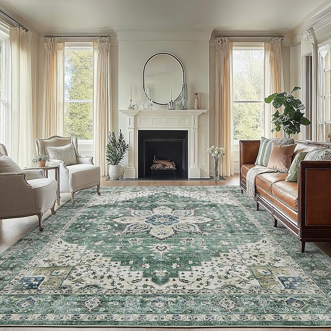 AMADA HOMEFURNISHING 8x10 Area Rug, Washable Low-Profile Large Area Rug with Non-Slip Backing & Durable Edge Binding, Vintage Large Rugs for Living Room, Bedroom