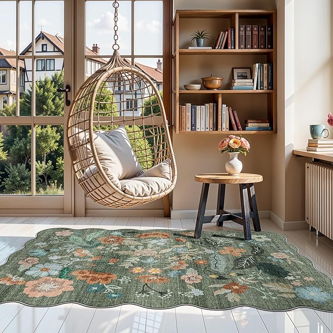 Washable 3x5 Entryway Area Rugs: Ultra Soft Low Pile Carpet for Kitchen Nursery Indoor Light-Weight Doormat Rug with Non-Slip Backing for Living Room Bedroom Small Boho Floor Mat(3x5, Floral/Green)