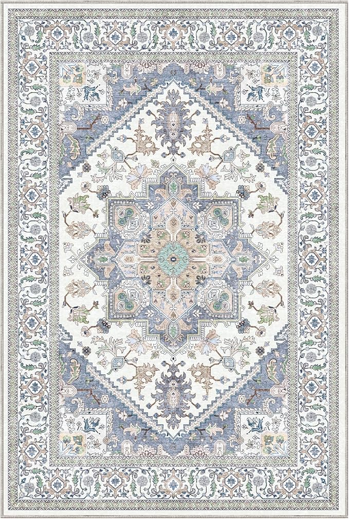 OPPODREAM Soft Area Rugs 5x7, 5x7 Washable Rug with Non Slip Backing, 5 x 7 Faux Cashmere Low-Pile Carpet, Purple & Green & Cream