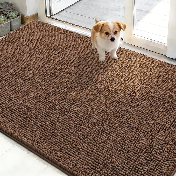 OLANLY Dog Door Mat for Muddy Paws 50x30, Absorbs Moisture and Dirt, Absorbent Non-Slip Washable Doormat, Quick Dry Chenille Mud Mat for Dogs, Entry Indoor Entryway Carpet for Inside Floor, Mocha