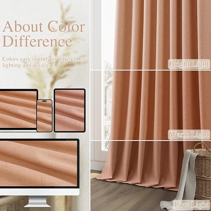 Guken 100% Blackout Curtains 120 Inch Length 2 Panels Set for Living Room Bedroom Back Tab Thermal Insulated Black Out Linen Drapes Room Darkening Peach Quartz,52x120