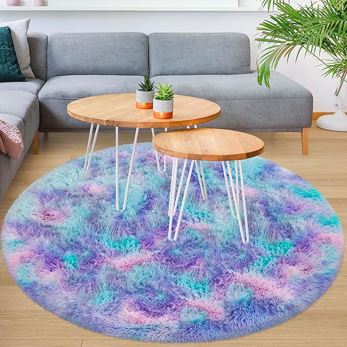 5x5 ft Tie Dye Rainbow Round Rug for Bedroom Room Fluffy Circle Rug Furry Carpet Shaggy Circular Fuzzy Washable Non-Slip Large Area Rug Soft Indoor for Living Room Cute Aesthetic Home Decor