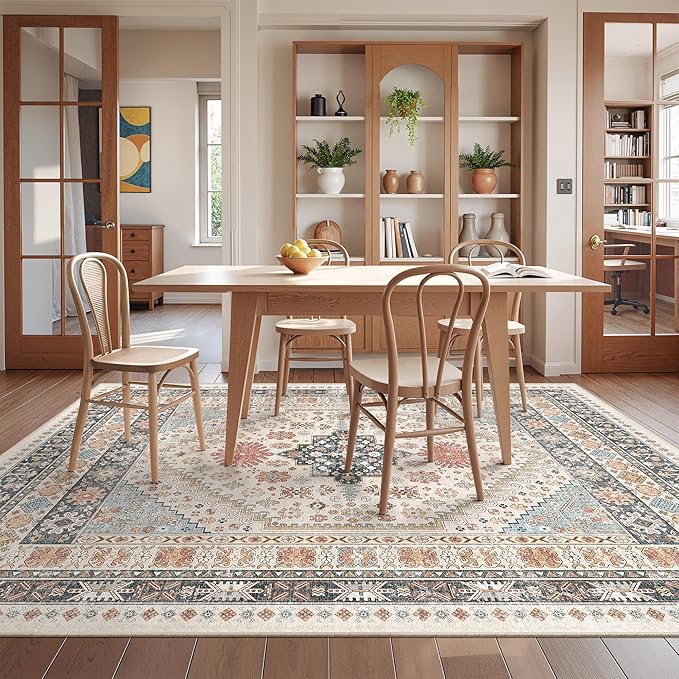 Area Rugs 5x7, Ultra-Thin Washable Rugs for Living Room, Anti-Slip Backing Area Rug for Bedroom, Soft Floral Vintage Home Decor Rug for Dining Room(Blue/Red/Multi,5'x7')