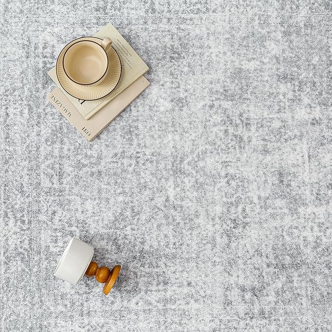 PureCozy 4x6 Area Rug Washable Vintage Entryway Living Room Carpet Indoor Office Non Slip Grey Entrance Distressed Low Pile Retro Accent Throw Rug for Dining Room Bathroom Bedroom Laundry
