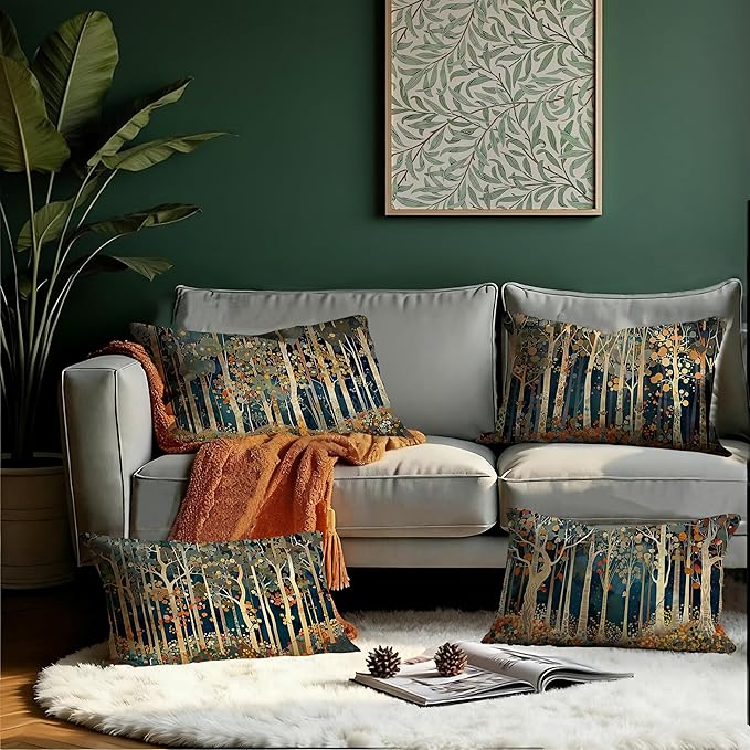 Rustic William Morris Inspired Forest Decor Pillow Covers 12x20 Set of 4,Vintage Botanical Nature Landscape Decorative Throw Pillow Covers for Home Bedroom Living Room,Fall Home Room Decor