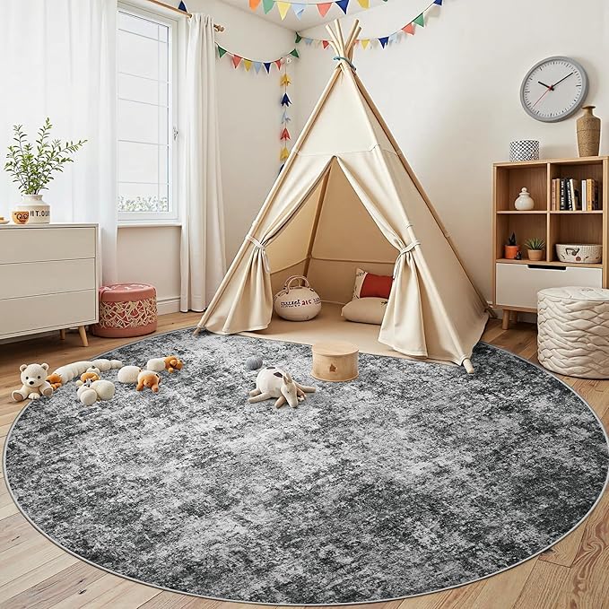 Round Rug 8ft Circle Rug Washable: Carpet Circular Area Rug for Entryway Kitchen Bedroom Dining Room Living Room Large 8 Feet Abstract College Dorm Non Slip Low Pile Black Grey