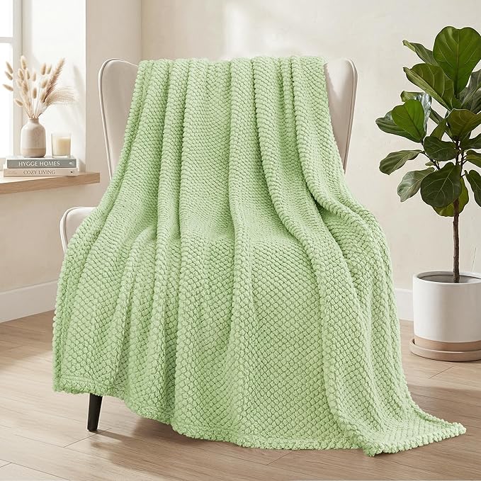 Whale Flotilla Extra Large Fuzzy Fleece Throw Blanket for Couch, 50x70 Inch Fluffy Warm Soft Jacquard Blankets for All Season, Lightweight and Cozy, Light Green