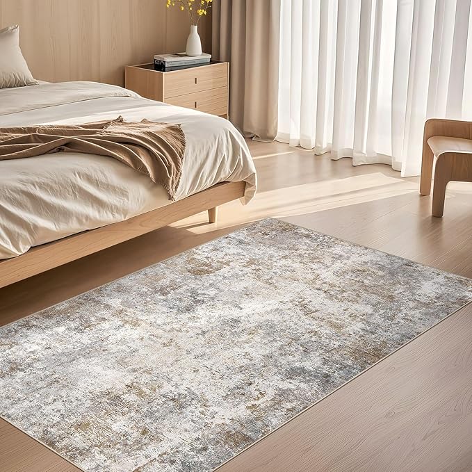 UERMEI 3x5 Area Rug Living Room Rugs - Washable Neutral Modern Abstract Soft Thin Rug Indoor Floor No Slip Rug Carpet for Bedroom Under Dining Table Home Office Decor - Brown Grey