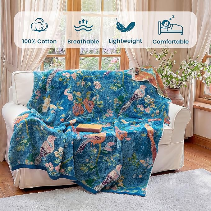 MSGKV Boho Throw Blanket for Bed 60"x80" Cotton Couch Blanket with Floral and Bird Spring Breathable Lightweight Farmhouse Twin Size Decorative Blankets for Sofa Muslin All Seasons