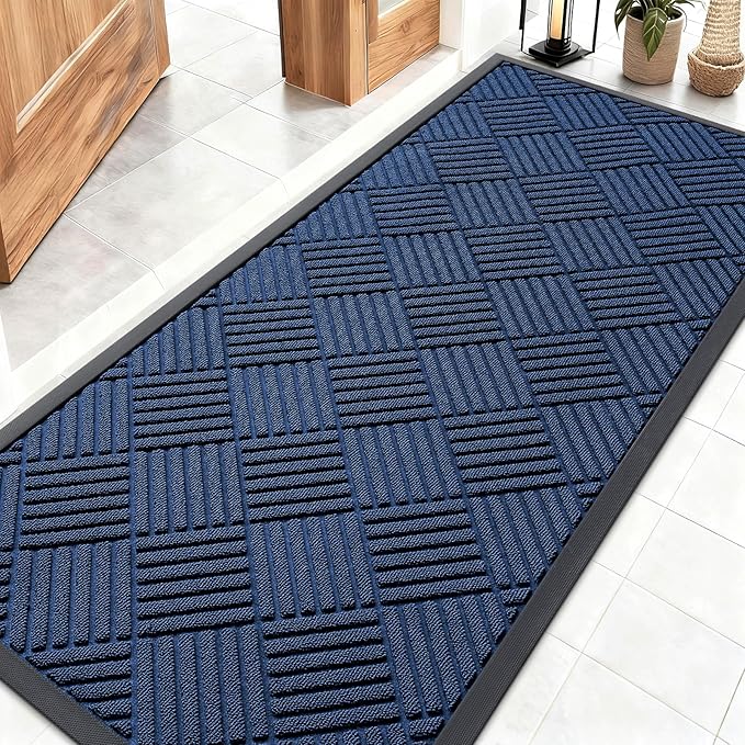 OLANLY Front Door Mat Outside Entrance 59x23, Absorbent, Heavy Duty Sturdy Natural Rubber Doormat Indoor Outdoor, Stain Fade Resistant, Non-Slip Low Profile Floor Mat for Entryway, Navy Blue Diamond