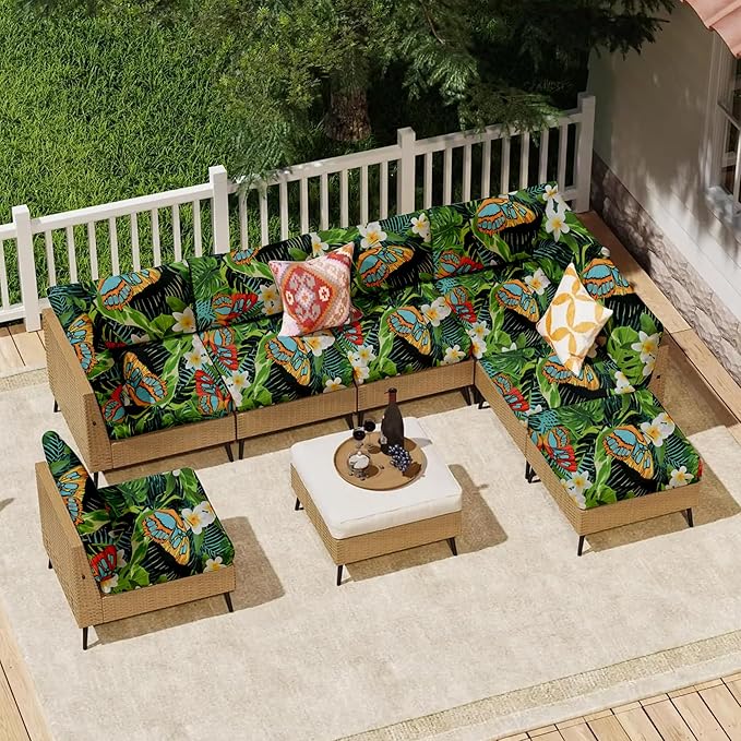 14Pcs Outdoor Cushion Covers, Patio Cushion Covers,Stretch Elastic Slipcovers, Replacement Washable & Reusable Furniture Protector for Patio Couch (Green and Lush,Cover Only)