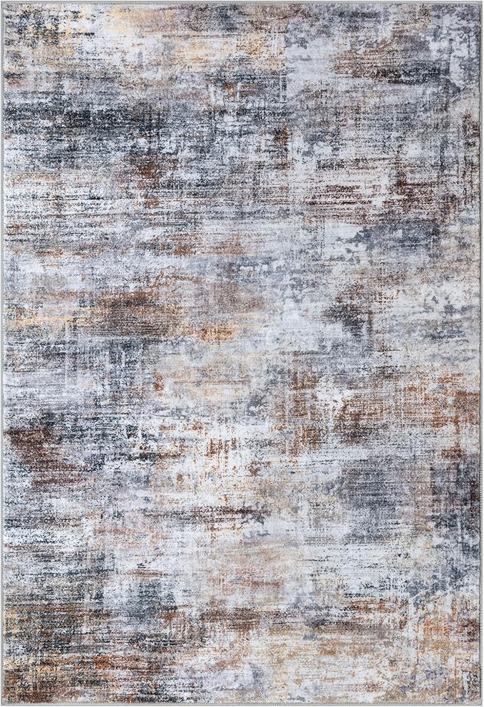 IOHOUZE Abstract Area Rugs 9x12 Ft Washable Large Rugs for Living Room, Non Slip Dining Room Rug, Printed Faux Wool Rugs for Bedroom, Floor Carpet for Office Nursery Playroom, Orange Grey