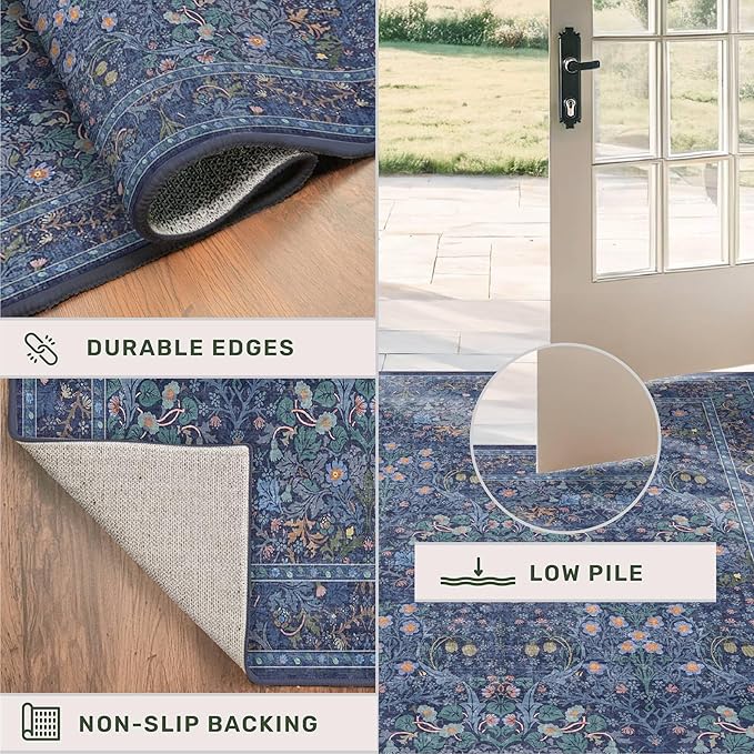 Dark Blue 2'6" x 8' Runners for Hallways Non Slip, Extra Long Floor Runner for Kitchen, Entryway Indoor, Washable Rubber Backing Stain Resistant - Vintage Navy Blue Floral Décor