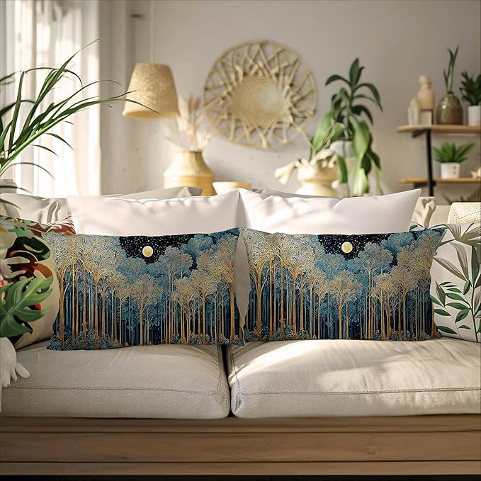 Rustic William Morris Inspired Forest Green Moon Decor Pillow Covers 12x20 Set of 2,Vintage Night Moon Botanical Nature Landscape Decorative Throw Pillow Covers for Home Bedroom Living Room