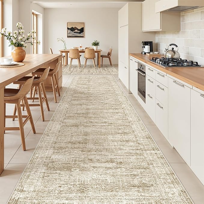 3x16 Washable Runner Rug for Hallway, Non-Slip Long Hallway Runner for Entryway, Soft Vintage Kitchen Mats for Floor, Abstract Dining Room, Bedroom, Living Room Rugs(3'x16', Brown/Ivory)