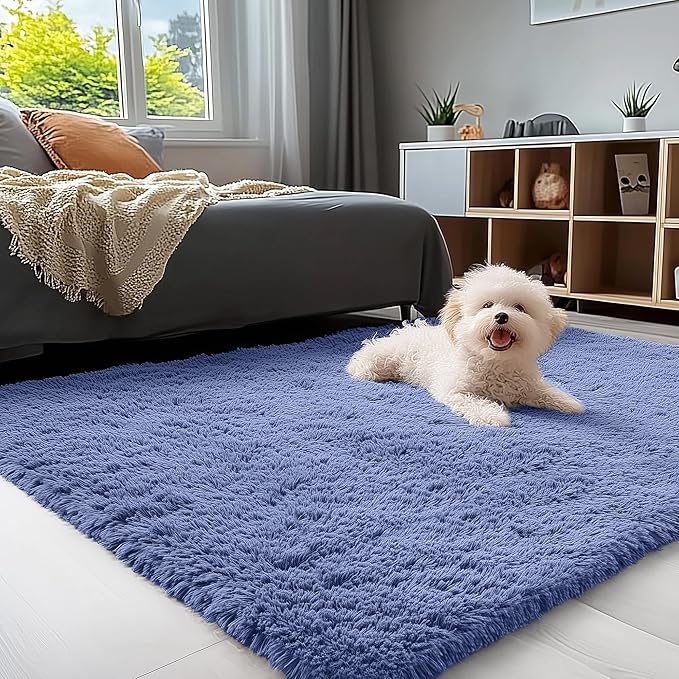 OLANLY 3x5 Machine Washable Small Bedside Rug, Soft Fluffy Shaggy Rugs for Living Room, Bedroom, Indoor Floor Carpet for Kids Girls and Boys, Preppy Dorms, Nursery, Home Decor Aesthetic, Denim Blue
