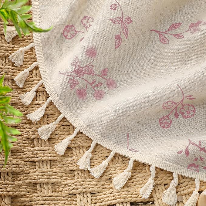 Boho Floral Spring 100% Blackout Curtains 84 Inch Length 2 Panels Set, Linen Texture Farmhouse Curtains with Beige Tassel for Living Room Bedroom, Vintage Rustic Rod Pocket,Pink