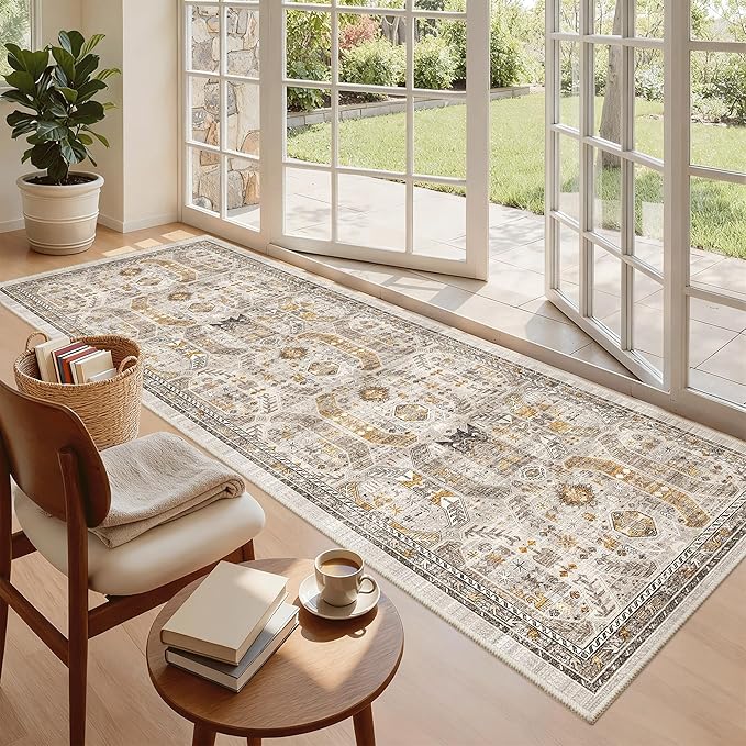 Madane Hallway Runner 3x8, Kitchen Rugs Washable Entryway Rug Vintage Kitchen Runners Non Slip Indoor Area Rug Farmhouse Carpet Runner for Bathroom Living Room Bedroom (3 X 8, Brown/Gold)