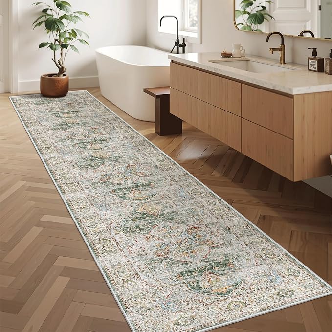Madane Runner Rugs for Hallway 2x10 Long Washable Non-Slip Hallway Runner Rug Low-Pile Stair Kitchen Runner Soft Throw Carpet for Entrance Living Dining Laundry Room (Green, 2 x 10)