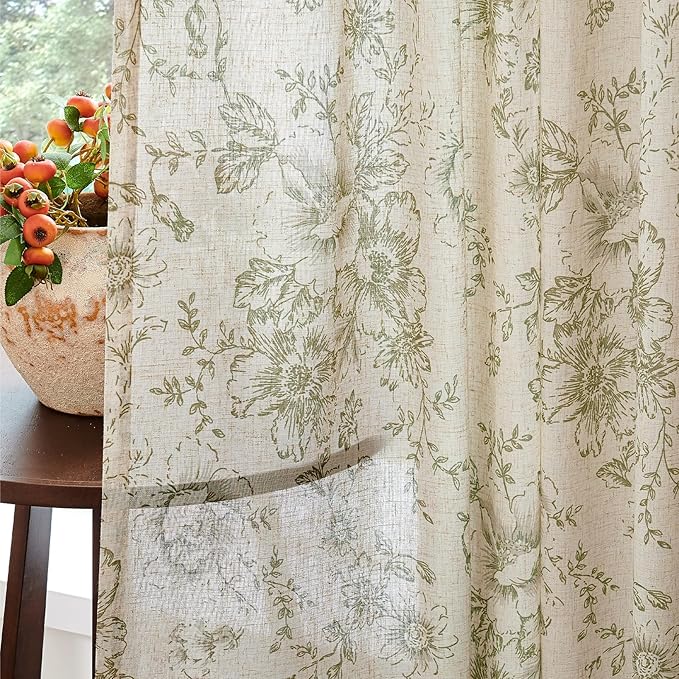 jinchan Linen Blend Floral Curtains for Living Room 108 Inch Length Farmhouse Printed Curtain Rod Pocket Back Tab Sage Green Peony Flower Patterned Drapes Bedroom Curtains Set 2 Panels