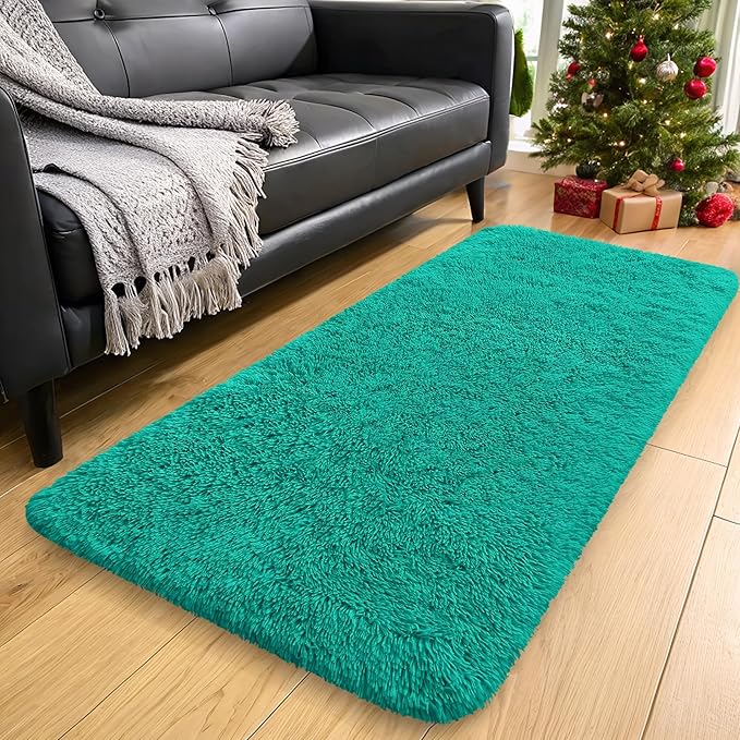 OLANLY 2x5 Machine Washable Runner Rugs for Hallway, Soft Fluffy Shaggy Bedside Rugs for Bedroom, Living Room, Indoor Floor Carpet for Kids Girls and Boys, Home Decor Aesthetic, Teal Green