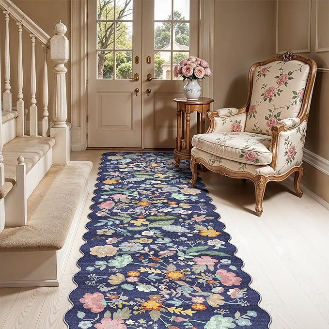 Washable Non-Slip Runner Rug 2x8: Water-Resistant Floral Kitchen Rug Indoor Low Pile Floor Mat for Living Room Bedroom Dining Room Ultra Soft Stain-Resistant Carpet for Pets Kids Family(2x8,Purple)