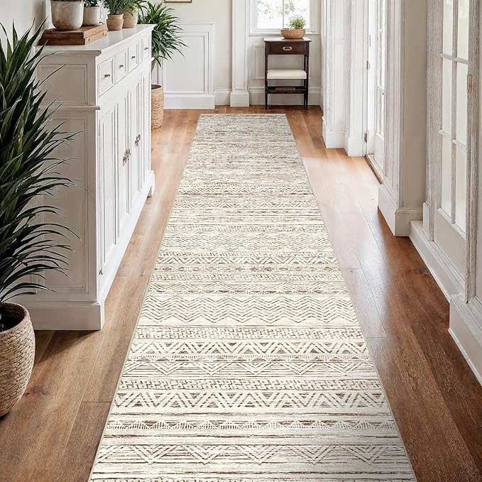 3x15 Washable Kitchen Runner Rug: Modern Moroccan Runners for Hallway Soft Non Slip Rugs with Rubber Backing Low Pile Thin Waterproof Floor Carpet for Entryway Bedroom Bathroom Indoor 3x15 Beige