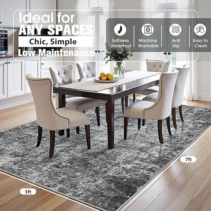 5x7 Area Rugs for Living Room Rug Washable: Abstract Rug for Dining Room Bedroom Carpet Non Slip 5 by 7 Indoor Modern Nursery Home Office Black Grey