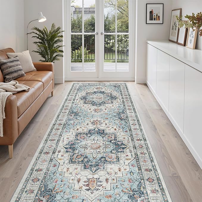 Madane Hallway Runner 3x8, Kitchen Rugs Washable Entryway Rug Vintage Kitchen Runners Non Slip Indoor Area Rug Farmhouse Carpet Runner for Bathroom Living Room Bedroom (3 X 8, Blue)