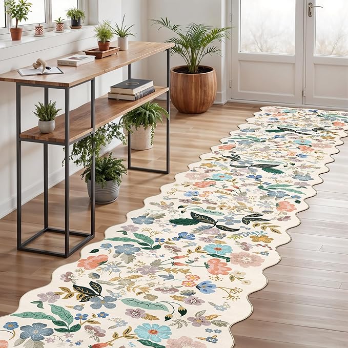 Washable 3x12 Hallway Runner Rug: Soft Floral Scalloped Runners for Entryway Kitchen Nursery Non Slip Bathroom Laundry Floor Mat Water Resistant Light Weight Carpet for Living Room Bedroom(3x12,Cream)