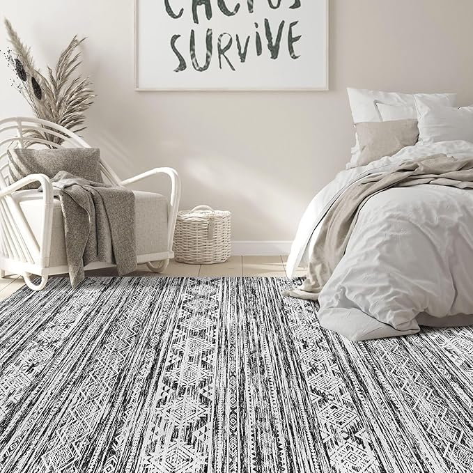 Nakagishi 5x7 Area Rugs Living Room: Washable Large Neutral Soft Rug Stain Resistant Non-Slip Carpet for Men Modern Home Enthusiasts Aged 25-45 - High Traffic Areas - Bedroom Office- Black White