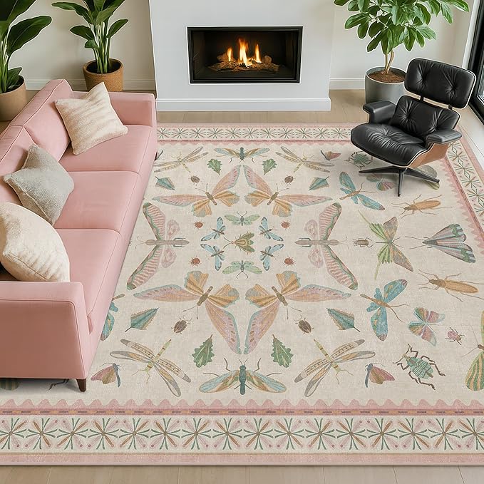 Pastel Pink Girls Rugs for Bedroom 6x8 - Washable Area Rug for Living Room, Dining Room Under Table, Boho Butterfly Cut Design, Low Pile & Soft Stain Resistant Carpet