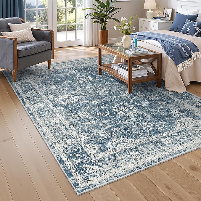 Madane 5x7 Area Rugs for Living Room, Washable Vintage Rug with Non-Slip Backing, Soft Floral Print Throw Rugs Floor Low Pile Carpet for Bedroom Dining Room Farmhouse (5 x 7, Cadet Blue)