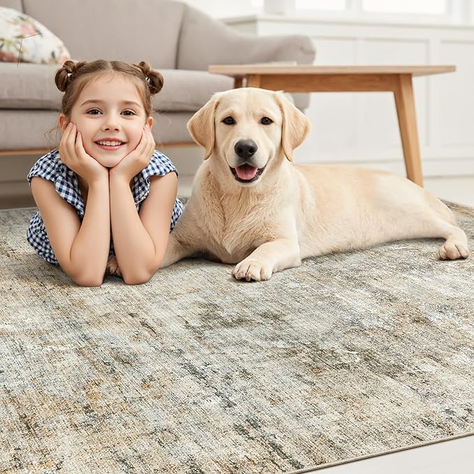 9x12 Area Rugs for Living Room, Non-Slip Machine Washable Vintage Rugs, Abstract Low Pile Lightweight Large Rug for Bedroom, Dining Room, Home Office Orange