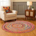 Hausattire Bohemian Braided Rug 4' Round - Multi Color, Circle Farmhouse Jute Cotton Area Rag Rug for Kitchen, Kids Bedroom, Playroom | Colorful Hand Woven Reversible Pet Friendly Carpet