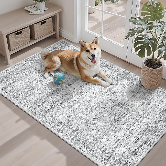 3x4 Rug, Small Area Rug for Kitchen, Entryway, Machine Washable Non-Slip Throw Rug, Vintage Carpet for Nursery Coffee Table Grey