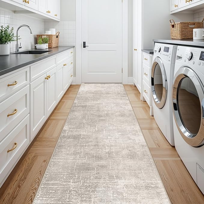HY HAOYUNLAI 2'6x12 Runner Rugs for Hallways - Soft Kitchen Rug Non-Slip Rug Runner with Rubber Backing Washable Non Shedding Soft Beside Carpet for Bedroom Abstract Home Decor(2'6x12,Beige/Cream